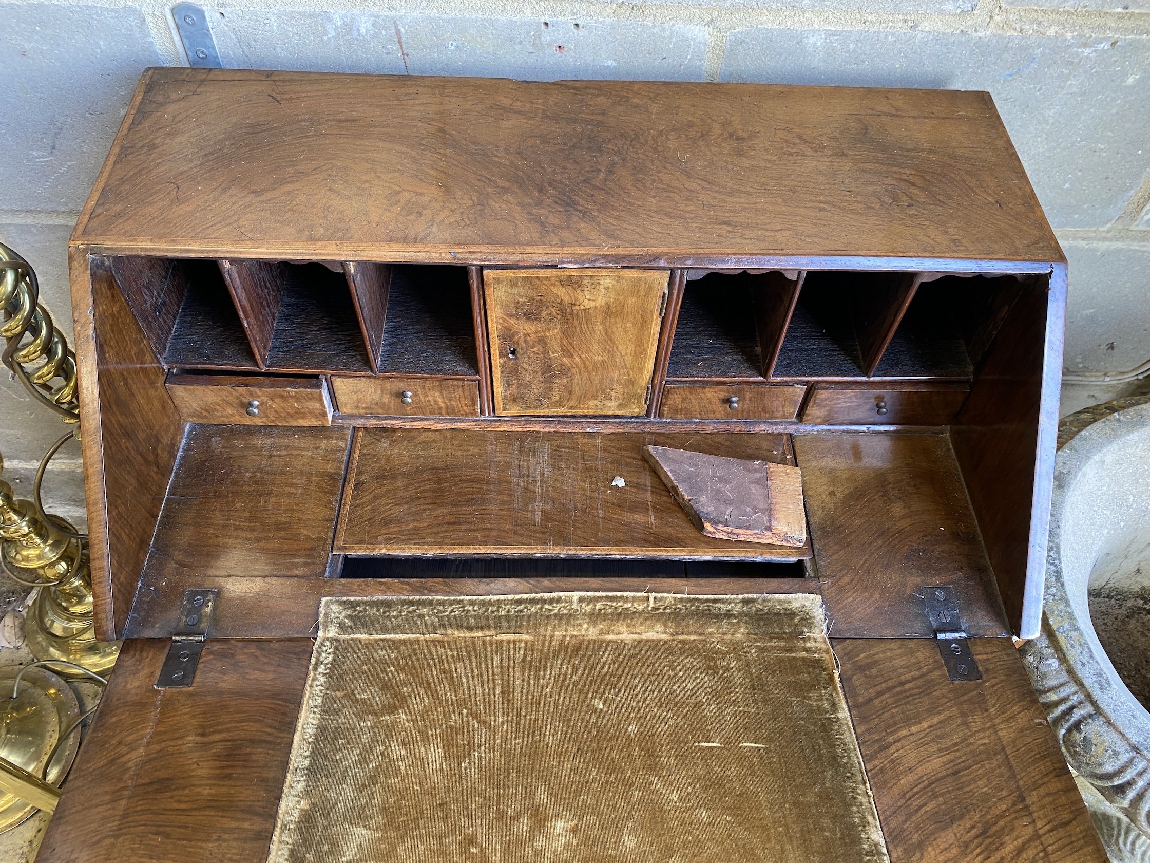 A small 18th century style banded walnut bureau, width 69cm, depth 40cm, height 88cm